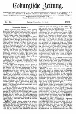 Coburger Zeitung Donnerstag 24. April 1862