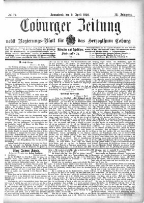 Coburger Zeitung Samstag 2. April 1892