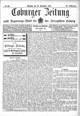 Coburger Zeitung Dienstag 29. November 1892