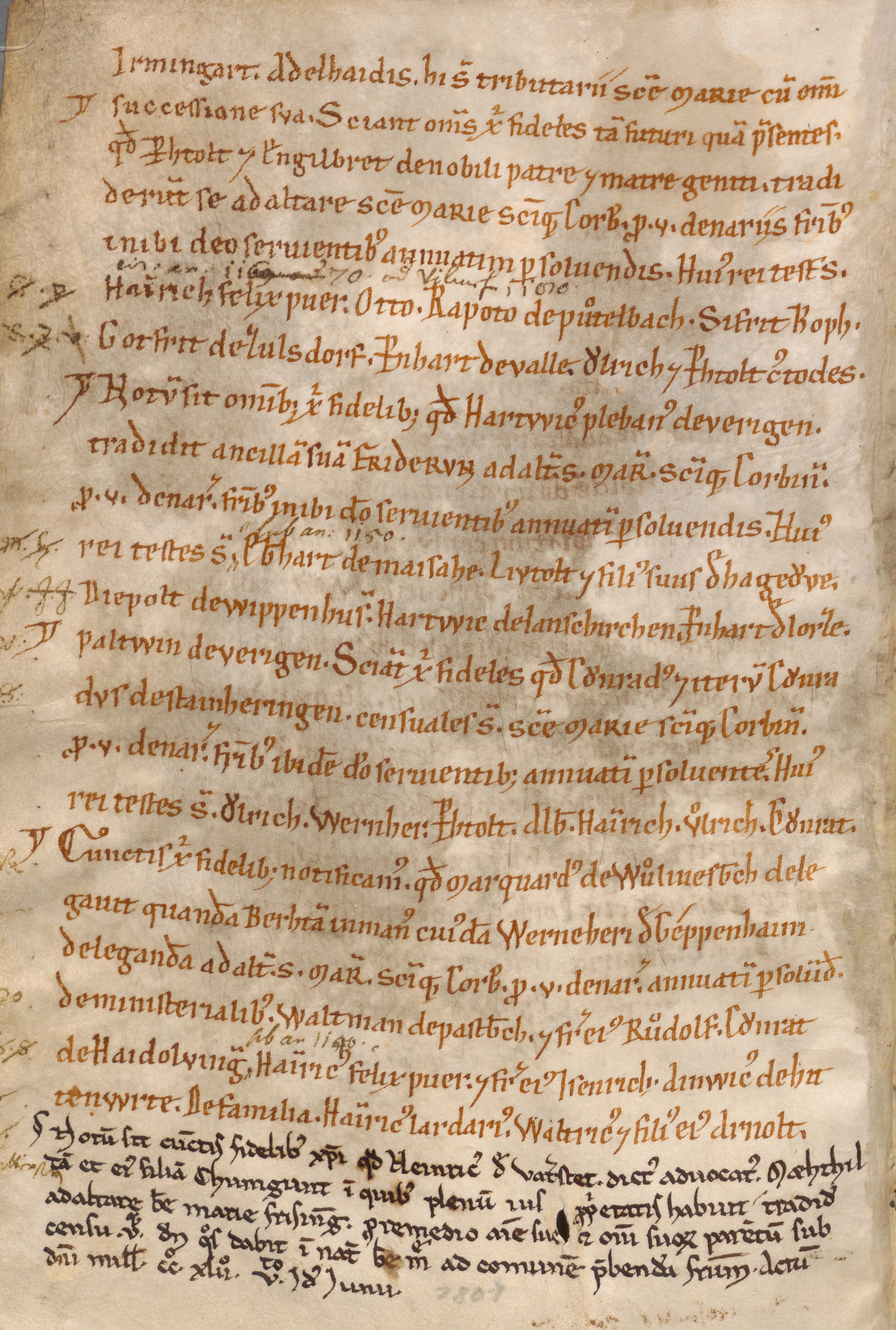 Liber censualium: fol.27v mit der ältesten datierten Marginalie (1242).