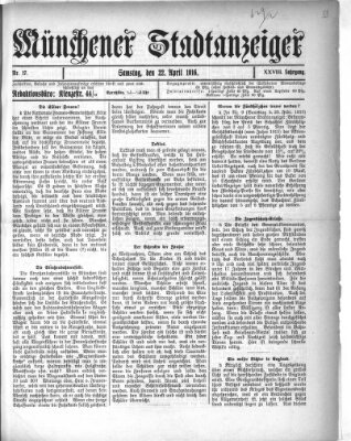 Münchener Stadtanzeiger (Münchener Ratsch-Kathl) Samstag 22. April 1916