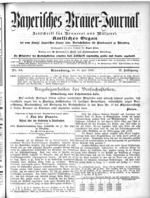 Bayerisches Brauer-Journal Samstag 18. Juni 1892