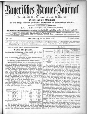 Bayerisches Brauer-Journal Samstag 13. August 1892