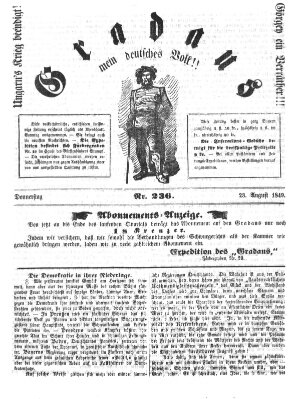 Gradaus mein deutsches Volk!! (Allerneueste Nachrichten oder Münchener Neuigkeits-Kourier) Donnerstag 23. August 1849