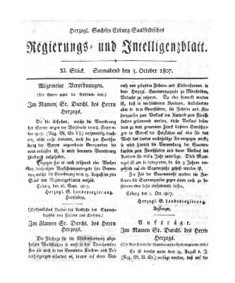 Herzogl.-Sachsen-Coburg-Saalfeldisches Regierungs- und Intelligenzblatt (Coburger Regierungs-Blatt) Samstag 3. Oktober 1807