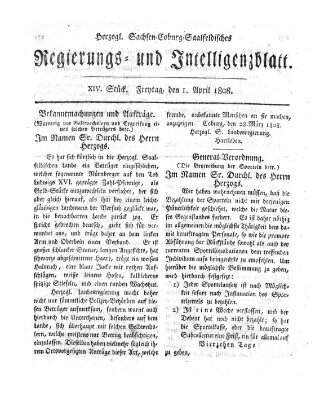 Herzogl.-Sachsen-Coburg-Saalfeldisches Regierungs- und Intelligenzblatt (Coburger Regierungs-Blatt) Freitag 1. April 1808