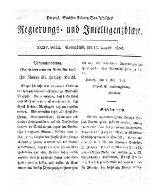 Herzogl.-Sachsen-Coburg-Saalfeldisches Regierungs- und Intelligenzblatt (Coburger Regierungs-Blatt) Samstag 13. August 1808