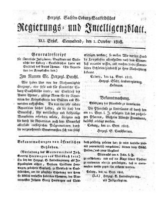 Herzogl.-Sachsen-Coburg-Saalfeldisches Regierungs- und Intelligenzblatt (Coburger Regierungs-Blatt) Samstag 1. Oktober 1808