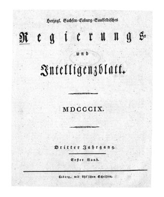 Herzogl.-Sachsen-Coburg-Saalfeldisches Regierungs- und Intelligenzblatt (Coburger Regierungs-Blatt) Samstag 7. Januar 1809