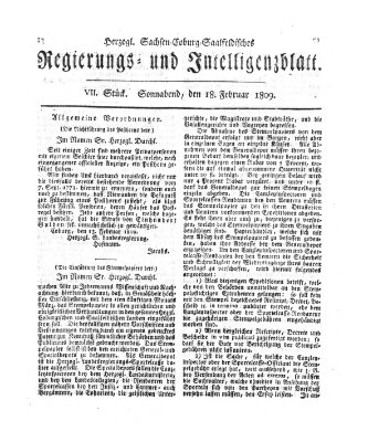 Herzogl.-Sachsen-Coburg-Saalfeldisches Regierungs- und Intelligenzblatt (Coburger Regierungs-Blatt) Samstag 18. Februar 1809