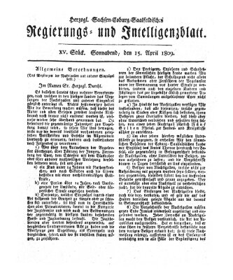 Herzogl.-Sachsen-Coburg-Saalfeldisches Regierungs- und Intelligenzblatt (Coburger Regierungs-Blatt) Samstag 15. April 1809