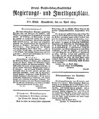 Herzogl.-Sachsen-Coburg-Saalfeldisches Regierungs- und Intelligenzblatt (Coburger Regierungs-Blatt) Samstag 22. April 1809