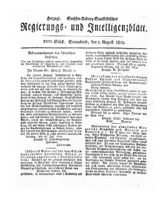 Herzogl.-Sachsen-Coburg-Saalfeldisches Regierungs- und Intelligenzblatt (Coburger Regierungs-Blatt) Samstag 5. August 1809