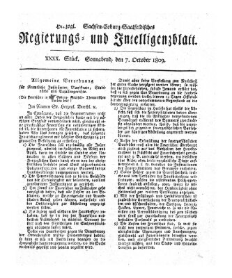 Herzogl.-Sachsen-Coburg-Saalfeldisches Regierungs- und Intelligenzblatt (Coburger Regierungs-Blatt) Samstag 7. Oktober 1809