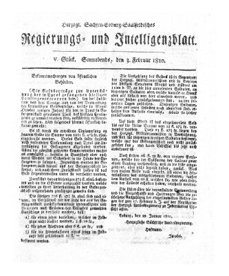 Herzogl.-Sachsen-Coburg-Saalfeldisches Regierungs- und Intelligenzblatt (Coburger Regierungs-Blatt) Samstag 3. Februar 1810