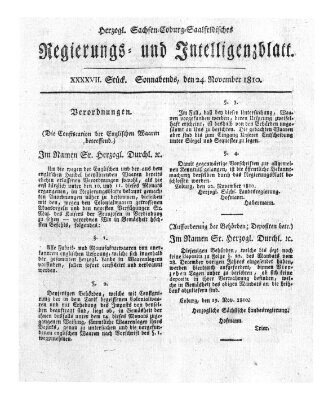 Herzogl.-Sachsen-Coburg-Saalfeldisches Regierungs- und Intelligenzblatt (Coburger Regierungs-Blatt) Samstag 24. November 1810