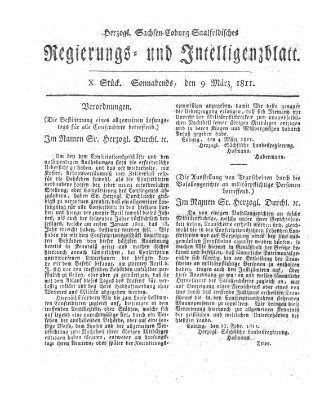 Herzogl.-Sachsen-Coburg-Saalfeldisches Regierungs- und Intelligenzblatt (Coburger Regierungs-Blatt) Samstag 9. März 1811