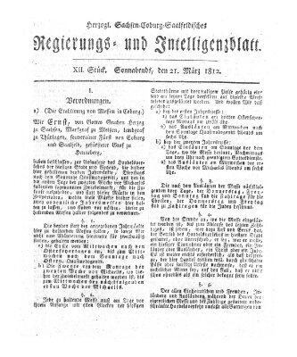 Herzogl.-Sachsen-Coburg-Saalfeldisches Regierungs- und Intelligenzblatt (Coburger Regierungs-Blatt) Samstag 21. März 1812