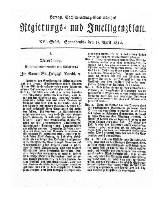 Herzogl.-Sachsen-Coburg-Saalfeldisches Regierungs- und Intelligenzblatt (Coburger Regierungs-Blatt) Samstag 18. April 1812