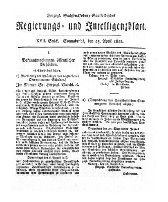 Herzogl.-Sachsen-Coburg-Saalfeldisches Regierungs- und Intelligenzblatt (Coburger Regierungs-Blatt) Samstag 25. April 1812