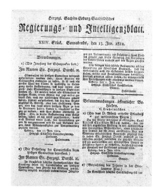 Herzogl.-Sachsen-Coburg-Saalfeldisches Regierungs- und Intelligenzblatt (Coburger Regierungs-Blatt) Samstag 13. Juni 1812