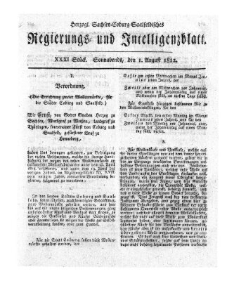 Herzogl.-Sachsen-Coburg-Saalfeldisches Regierungs- und Intelligenzblatt (Coburger Regierungs-Blatt) Samstag 1. August 1812