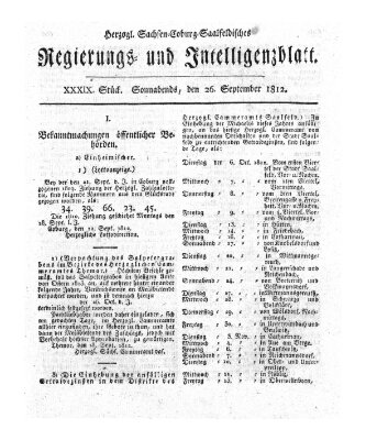 Herzogl.-Sachsen-Coburg-Saalfeldisches Regierungs- und Intelligenzblatt (Coburger Regierungs-Blatt) Samstag 26. September 1812