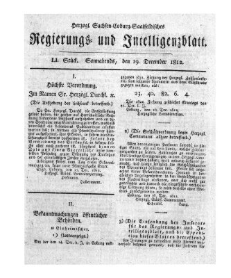 Herzogl.-Sachsen-Coburg-Saalfeldisches Regierungs- und Intelligenzblatt (Coburger Regierungs-Blatt) Samstag 19. Dezember 1812