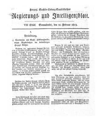 Herzogl.-Sachsen-Coburg-Saalfeldisches Regierungs- und Intelligenzblatt (Coburger Regierungs-Blatt) Samstag 20. Februar 1813