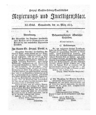 Herzogl.-Sachsen-Coburg-Saalfeldisches Regierungs- und Intelligenzblatt (Coburger Regierungs-Blatt) Samstag 20. März 1813