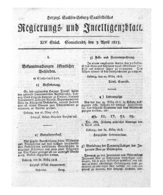 Herzogl.-Sachsen-Coburg-Saalfeldisches Regierungs- und Intelligenzblatt (Coburger Regierungs-Blatt) Samstag 3. April 1813