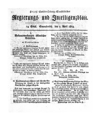 Herzogl.-Sachsen-Coburg-Saalfeldisches Regierungs- und Intelligenzblatt (Coburger Regierungs-Blatt) Samstag 2. April 1814