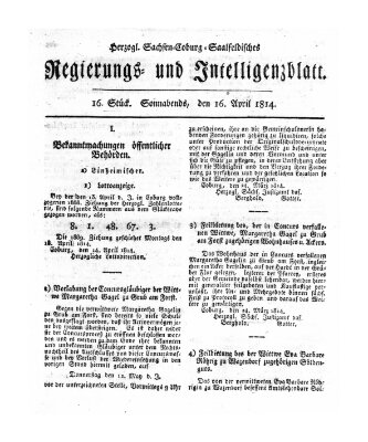 Herzogl.-Sachsen-Coburg-Saalfeldisches Regierungs- und Intelligenzblatt (Coburger Regierungs-Blatt) Samstag 16. April 1814