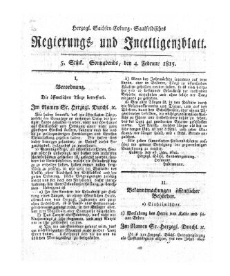 Herzogl.-Sachsen-Coburg-Saalfeldisches Regierungs- und Intelligenzblatt (Coburger Regierungs-Blatt) Samstag 4. Februar 1815