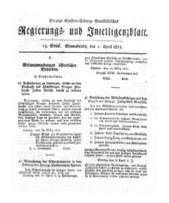 Herzogl.-Sachsen-Coburg-Saalfeldisches Regierungs- und Intelligenzblatt (Coburger Regierungs-Blatt) Samstag 1. April 1815