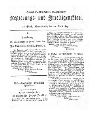 Herzogl.-Sachsen-Coburg-Saalfeldisches Regierungs- und Intelligenzblatt (Coburger Regierungs-Blatt) Samstag 22. April 1815