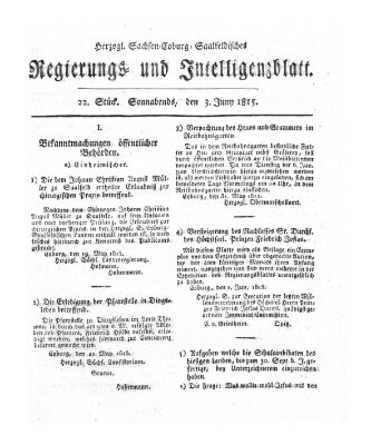 Herzogl.-Sachsen-Coburg-Saalfeldisches Regierungs- und Intelligenzblatt (Coburger Regierungs-Blatt) Samstag 3. Juni 1815