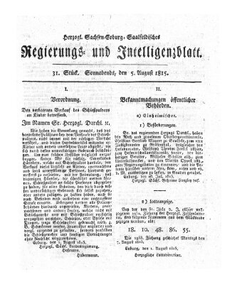 Herzogl.-Sachsen-Coburg-Saalfeldisches Regierungs- und Intelligenzblatt (Coburger Regierungs-Blatt) Samstag 5. August 1815