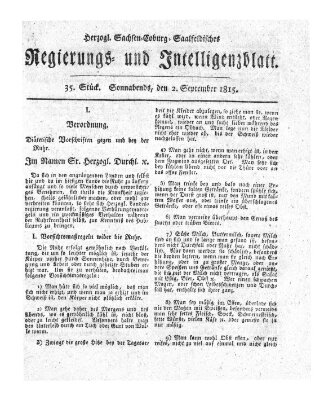 Herzogl.-Sachsen-Coburg-Saalfeldisches Regierungs- und Intelligenzblatt (Coburger Regierungs-Blatt) Samstag 2. September 1815