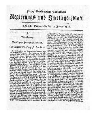 Herzogl.-Sachsen-Coburg-Saalfeldisches Regierungs- und Intelligenzblatt (Coburger Regierungs-Blatt) Samstag 13. Januar 1816