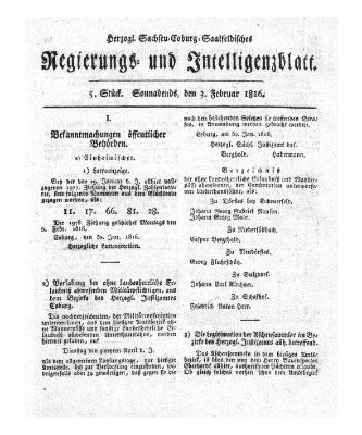 Herzogl.-Sachsen-Coburg-Saalfeldisches Regierungs- und Intelligenzblatt (Coburger Regierungs-Blatt) Samstag 3. Februar 1816