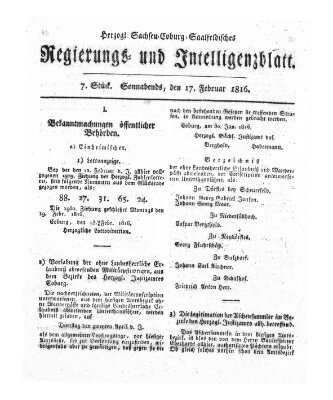 Herzogl.-Sachsen-Coburg-Saalfeldisches Regierungs- und Intelligenzblatt (Coburger Regierungs-Blatt) Samstag 17. Februar 1816