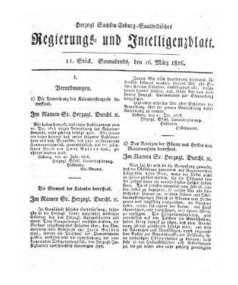 Herzogl.-Sachsen-Coburg-Saalfeldisches Regierungs- und Intelligenzblatt (Coburger Regierungs-Blatt) Samstag 16. März 1816