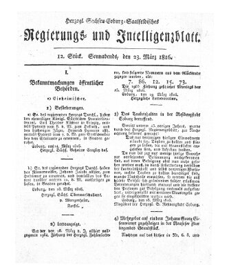 Herzogl.-Sachsen-Coburg-Saalfeldisches Regierungs- und Intelligenzblatt (Coburger Regierungs-Blatt) Samstag 23. März 1816