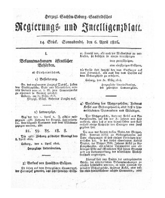 Herzogl.-Sachsen-Coburg-Saalfeldisches Regierungs- und Intelligenzblatt (Coburger Regierungs-Blatt) Samstag 6. April 1816