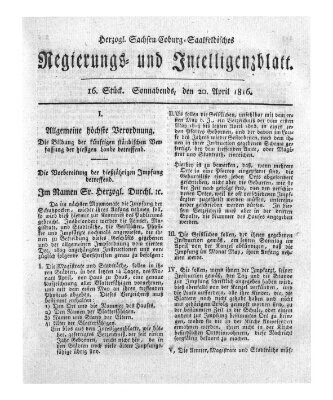 Herzogl.-Sachsen-Coburg-Saalfeldisches Regierungs- und Intelligenzblatt (Coburger Regierungs-Blatt) Samstag 20. April 1816