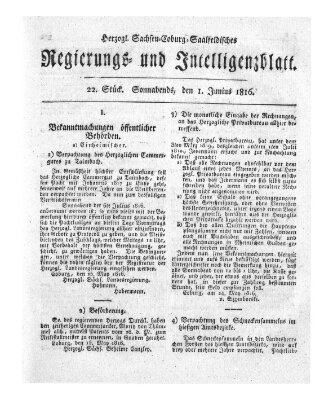 Herzogl.-Sachsen-Coburg-Saalfeldisches Regierungs- und Intelligenzblatt (Coburger Regierungs-Blatt) Samstag 1. Juni 1816