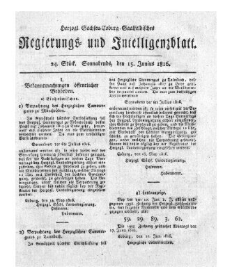 Herzogl.-Sachsen-Coburg-Saalfeldisches Regierungs- und Intelligenzblatt (Coburger Regierungs-Blatt) Samstag 15. Juni 1816