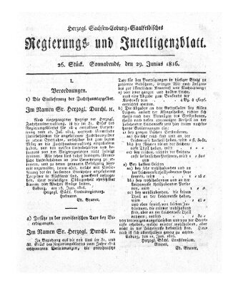 Herzogl.-Sachsen-Coburg-Saalfeldisches Regierungs- und Intelligenzblatt (Coburger Regierungs-Blatt) Samstag 29. Juni 1816