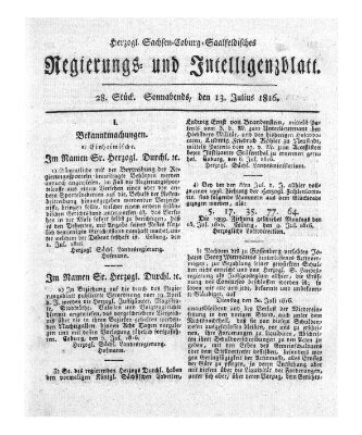 Herzogl.-Sachsen-Coburg-Saalfeldisches Regierungs- und Intelligenzblatt (Coburger Regierungs-Blatt) Samstag 13. Juli 1816